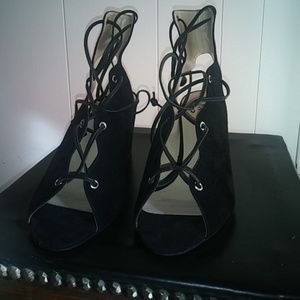 Neiman Marcus suede opened toe bootie